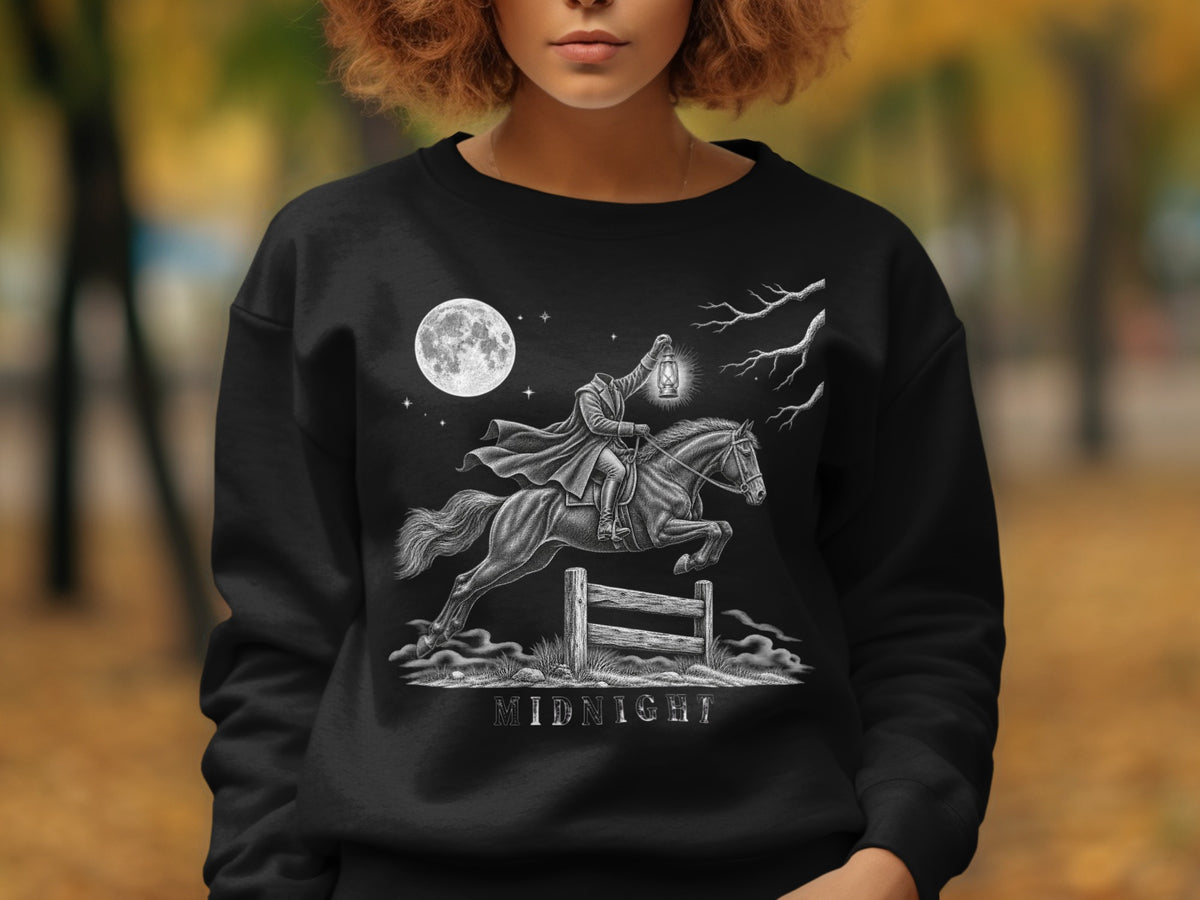 Black sweatshirt with Headless Horseman graphic and "MIDNIGHT" text.