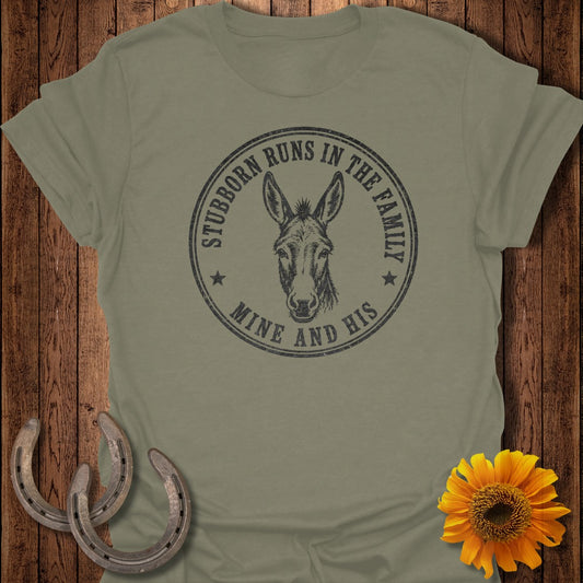 Olive green t-shirt with a distressed circular graphic featuring a donkey head and text.