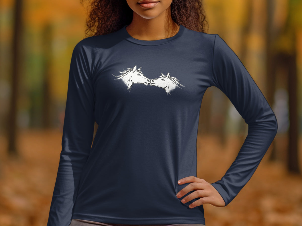 Dark navy long-sleeve shirt with white horse heads design on chest