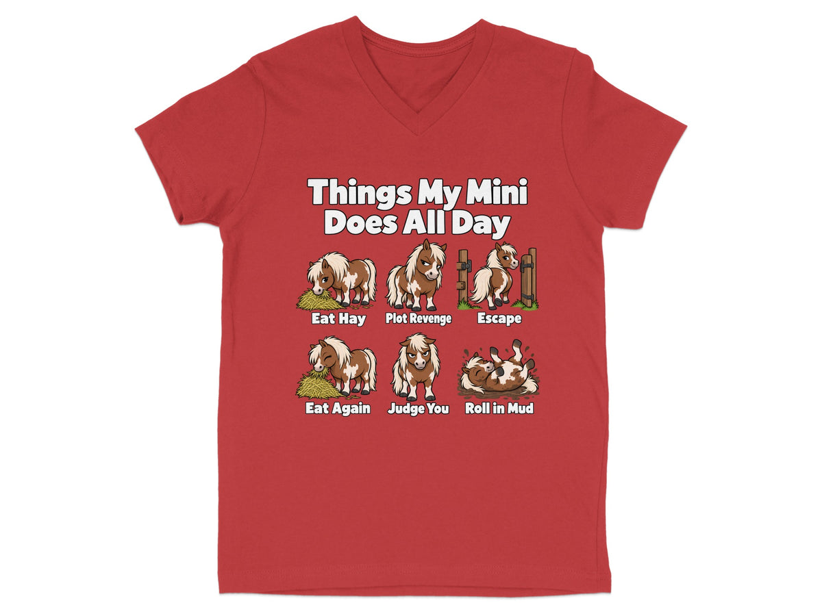 Red v-neck t-shirt featuring graphic of miniature horse activities with text Things My Mini Does All Day.