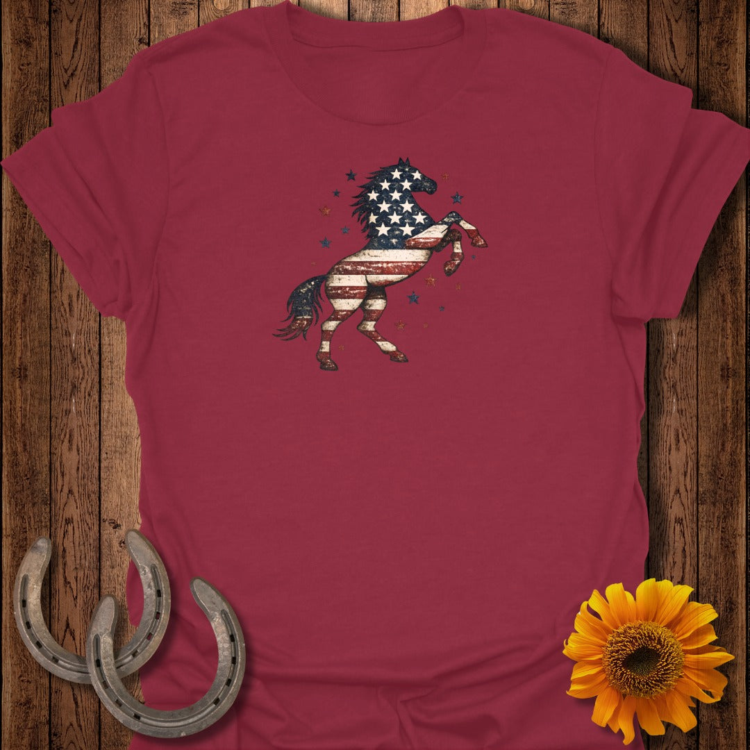Burgundy t-shirt with distressed American flag horse graphic and sunflower.