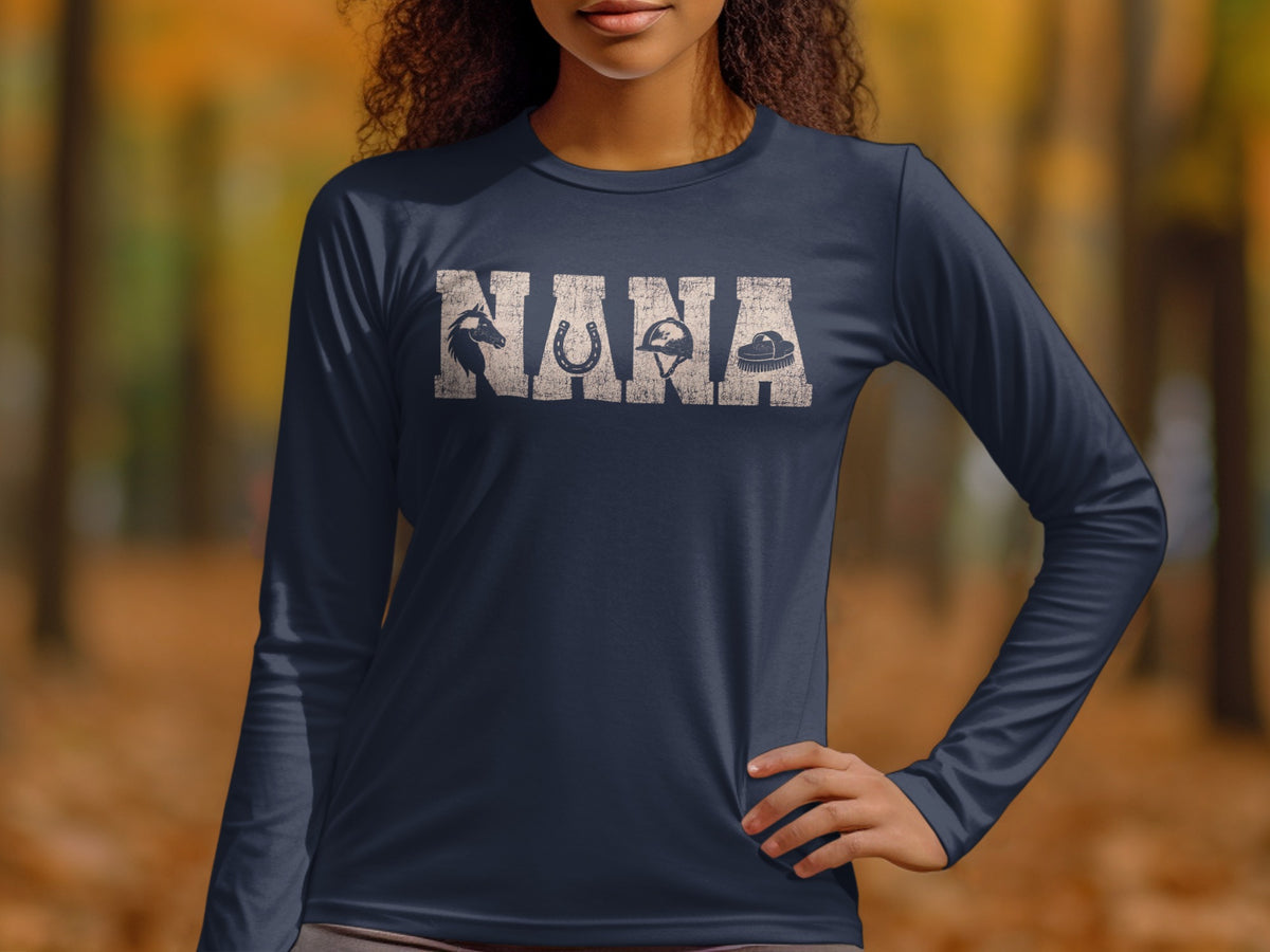 Dark blue long sleeve shirt with "NANA" in distressed text with horse, horseshoe, helmet, and brush graphics.