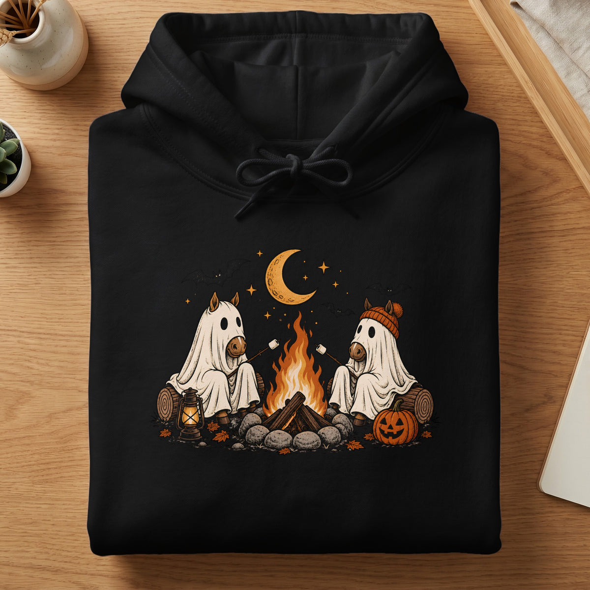 Two horses in ghost costumes roast marshmallows by a campfire under a moon.