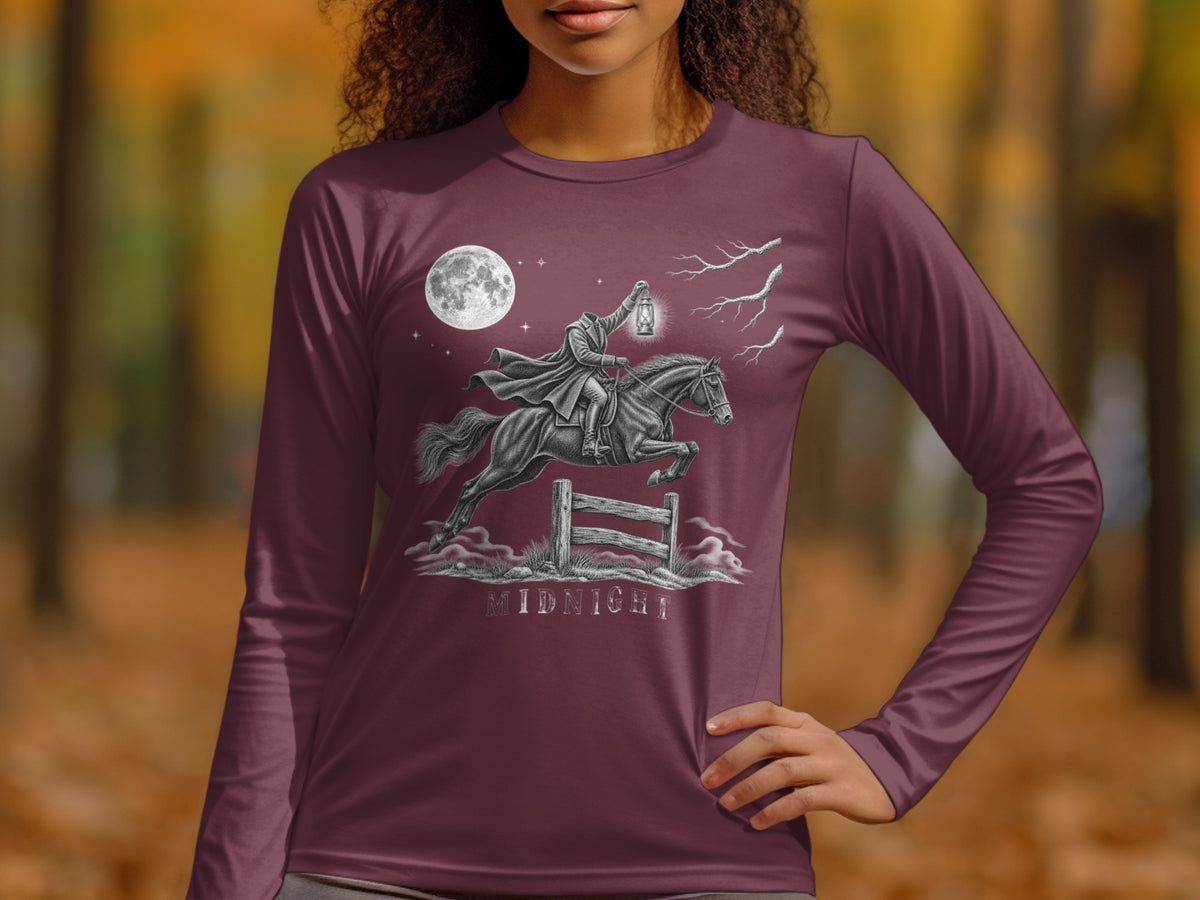 Headless horseman holding lantern, jumping fence under full moon, "MIDNIGHT" text.