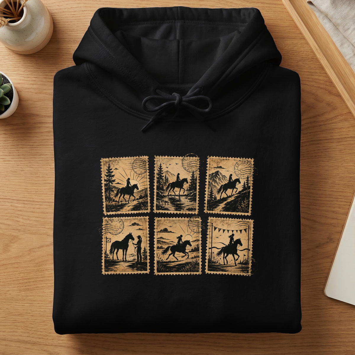 Black hoodie with six vintage postage stamp graphics of people riding horses.