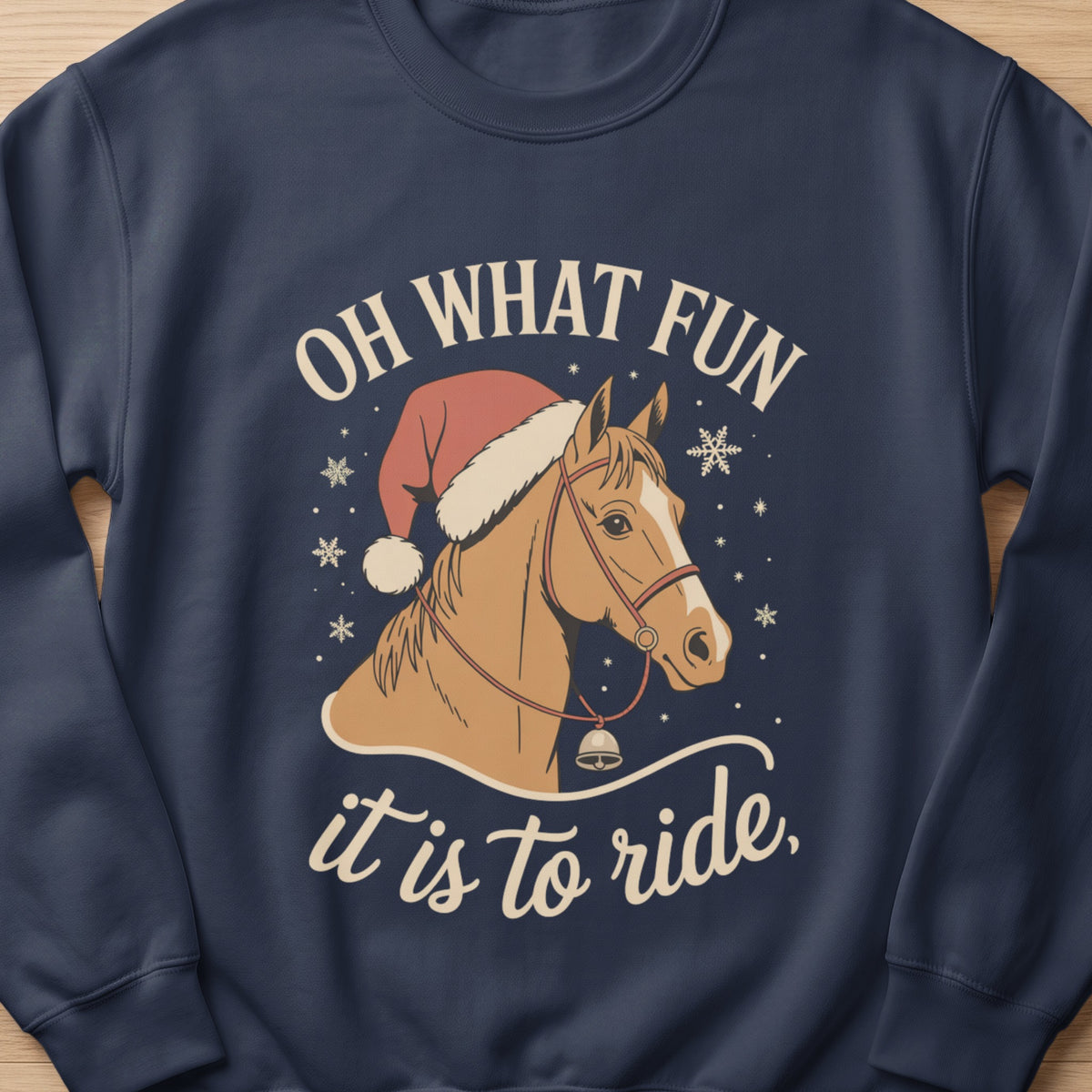 Horse wearing a Santa hat with text "OH WHAT FUN it is to ride."