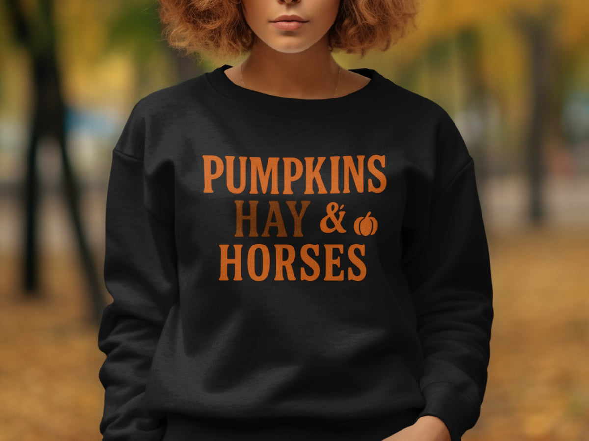 Black sweatshirt with "PUMPKINS HAY & HORSES" in orange text.