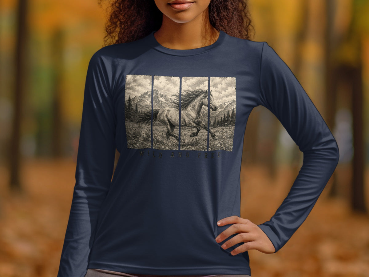 Long sleeve shirt with vintage horse and mountain landscape graphic that reads "Wild and Free".