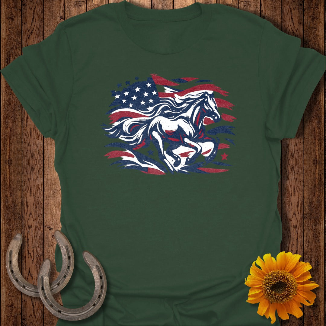 Running horse silhouette with American flag design on dark green t-shirt.