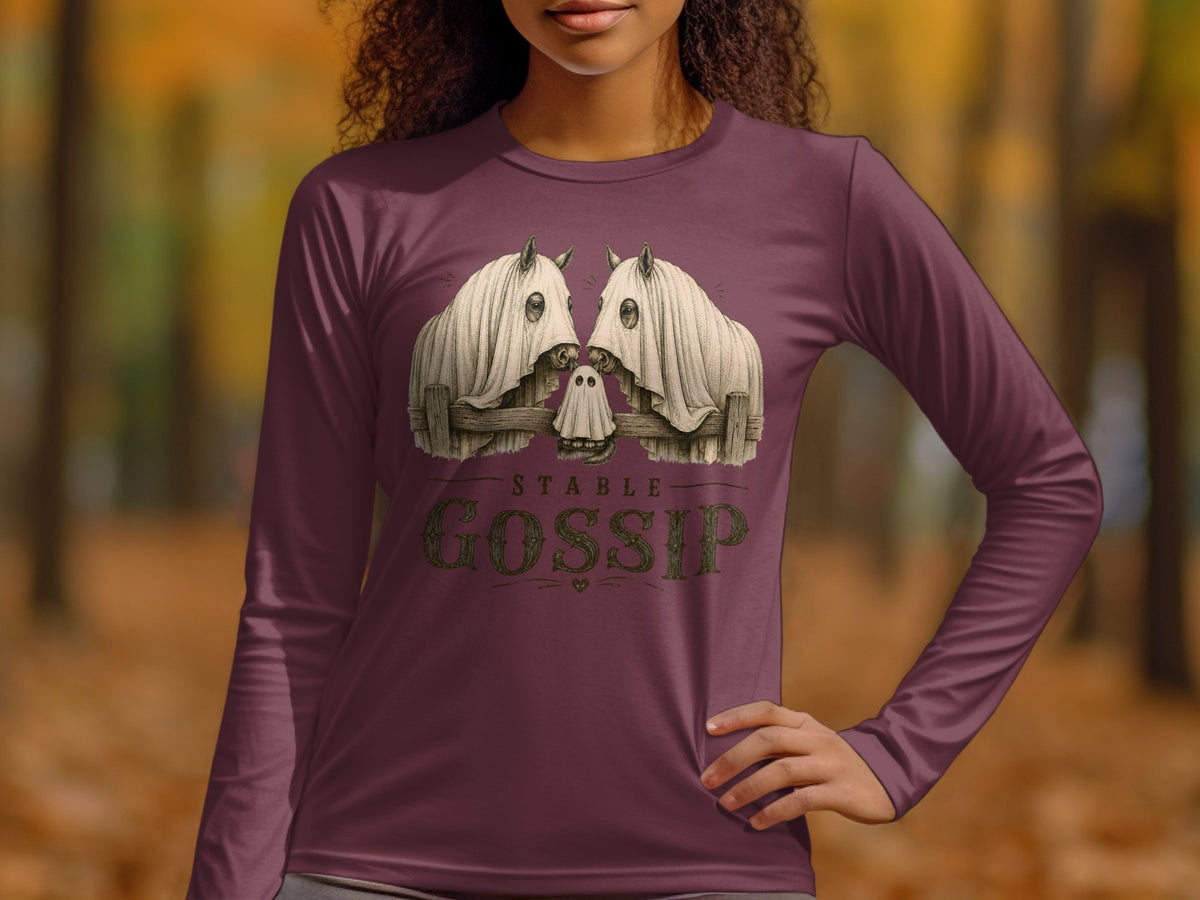 Two horses in ghost costumes and a ghost between them with "Stable Gossip" text.