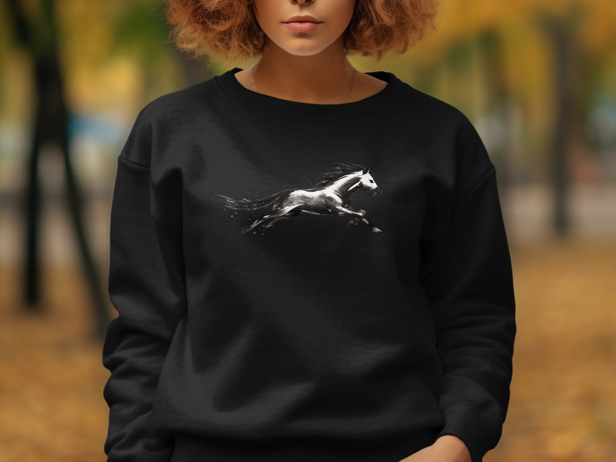 Black sweatshirt with a white graphic of a galloping horse in motion.