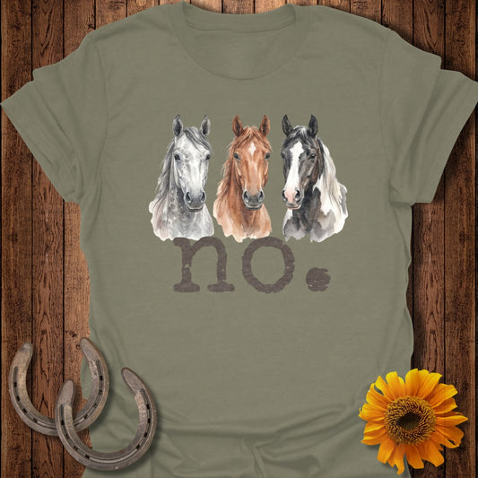 Three horses' heads in watercolor with "NO." text below.