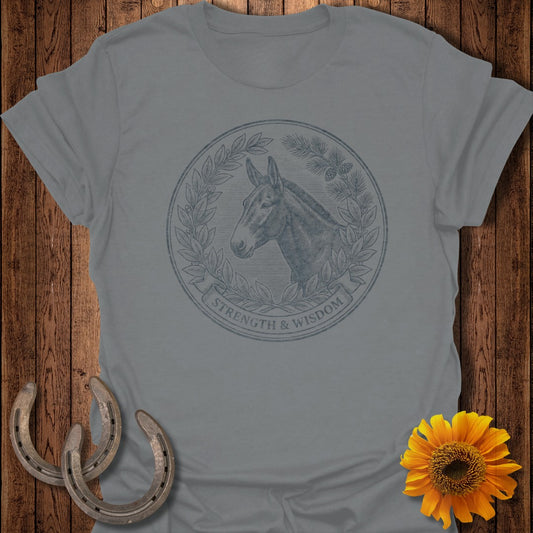 Grey t-shirt with a circular emblem featuring a horse head, laurel wreath, and text.