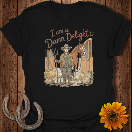 Graphic tee with a farmer and horse in a barn, text reads "I am a Damn Delight".