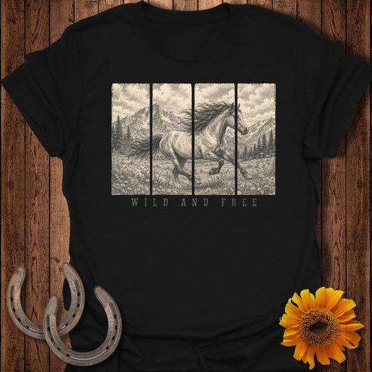 Black t-shirt with wild horse graphic and "WILD AND FREE" text.