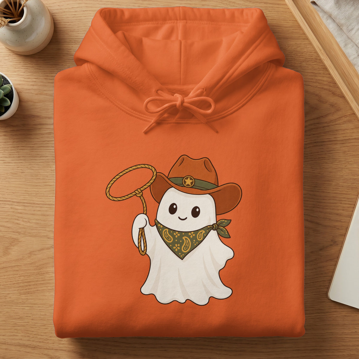 Orange hoodie with a cute ghost character wearing a cowboy hat and bandana.