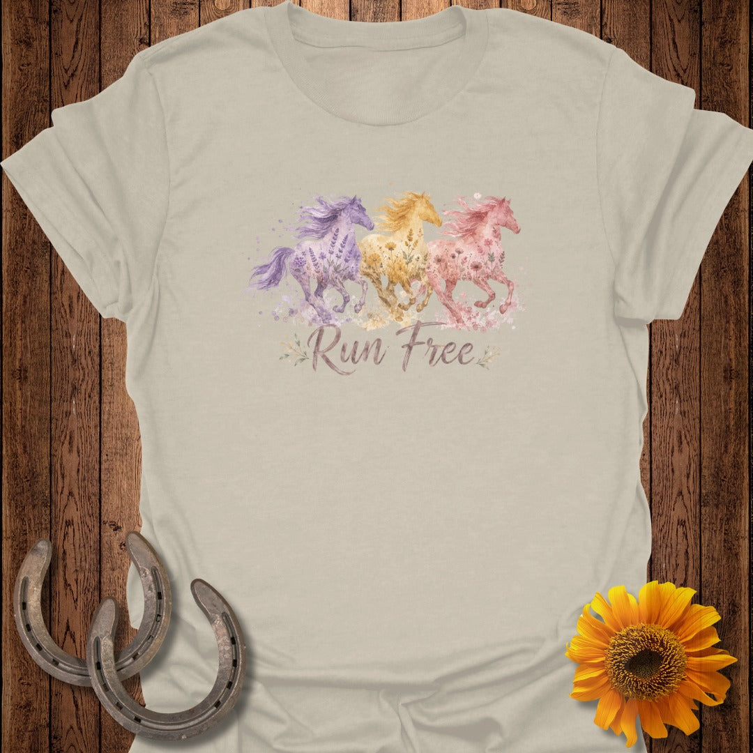 T-shirt with watercolor horses and "Run Free" text.
