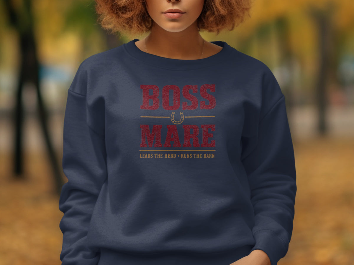 Navy sweatshirt with distressed text: "BOSS MARE LEADS THE HERD • RUNS THE BARN".