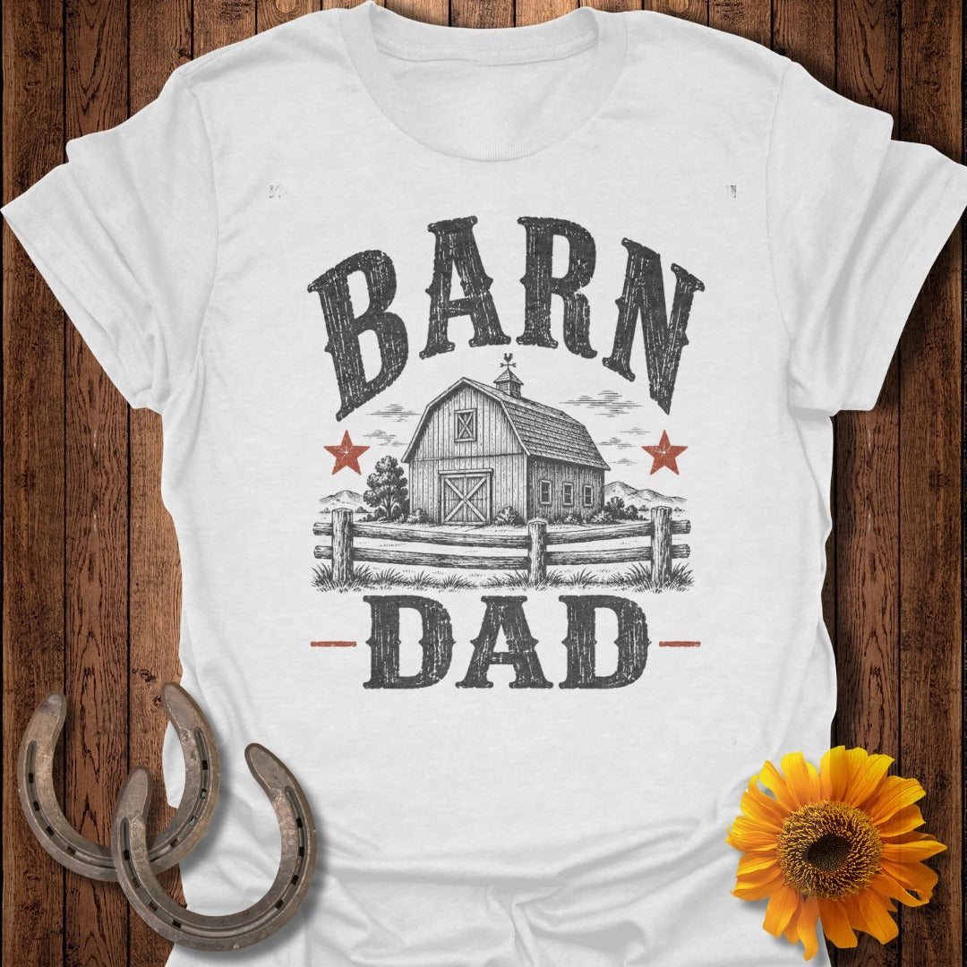 Barn Dad graphic on white t-shirt with horseshoes and sunflower.