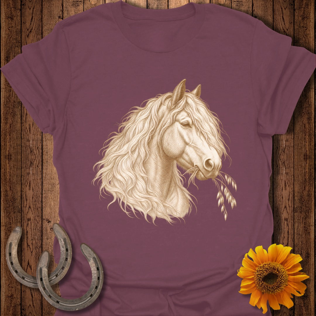 T-shirt with a sepia drawing of a horse eating grain, with horseshoes and sunflower.