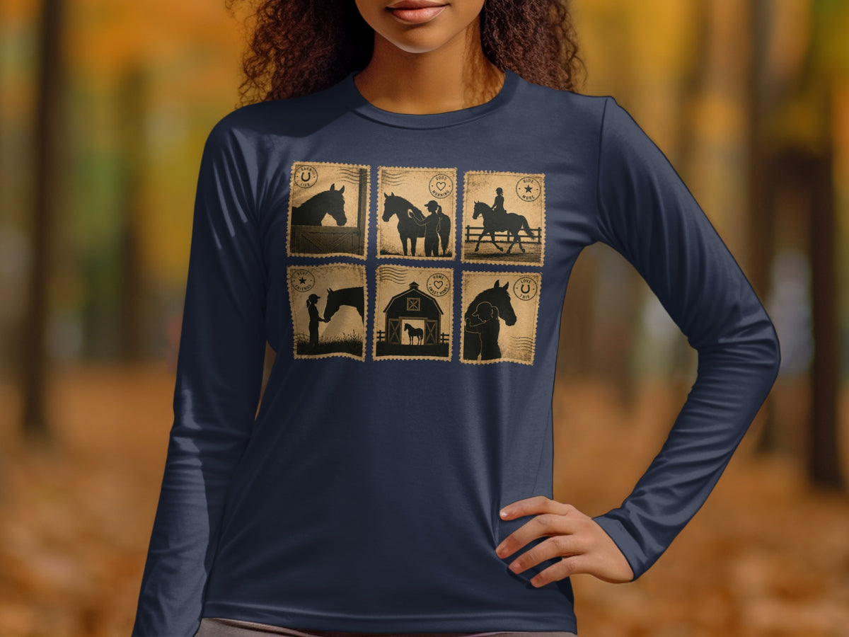 Long sleeve shirt with six postage stamp-like images of horses and people.