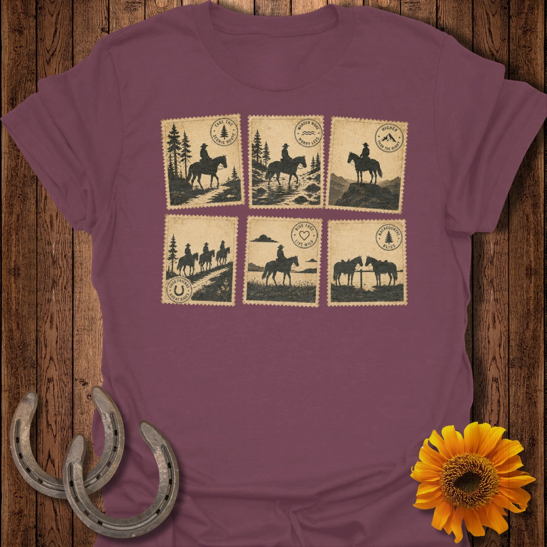 T-shirt with six postage stamp-style illustrations of people riding horses.