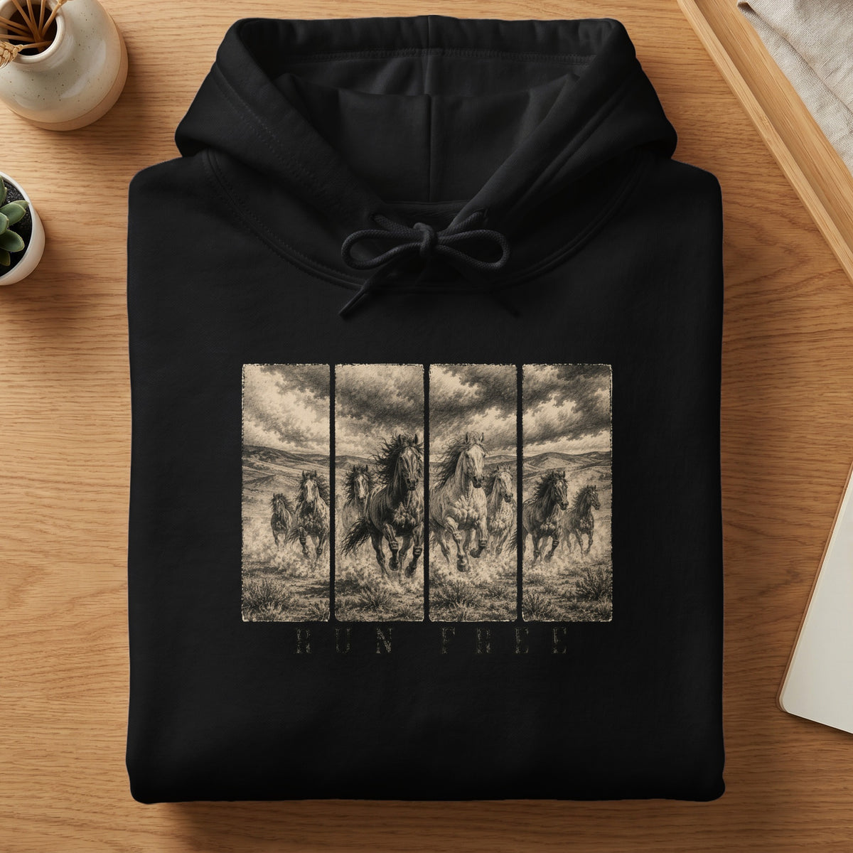 Black hoodie with a sepia-toned graphic of running horses and text "RUN FREE".