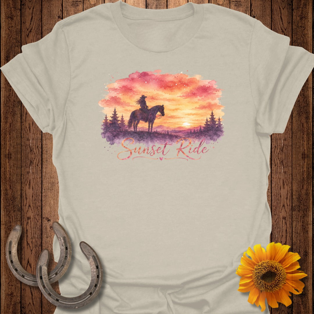 T-shirt graphic: Rider on horseback against watercolor sunset with "Sunset Ride" text.