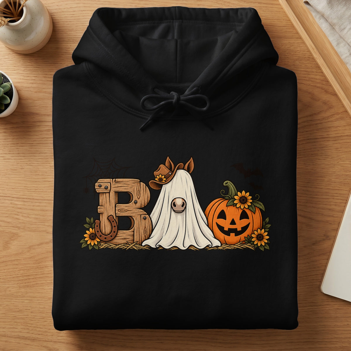 Black hoodie with "BAG" text featuring a horse in a ghost costume, cowboy hat, pumpkin, and horseshoe.