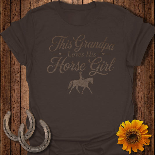 Brown t-shirt with "This Grandpa Loves His Horse Girl" text and equestrian graphic.