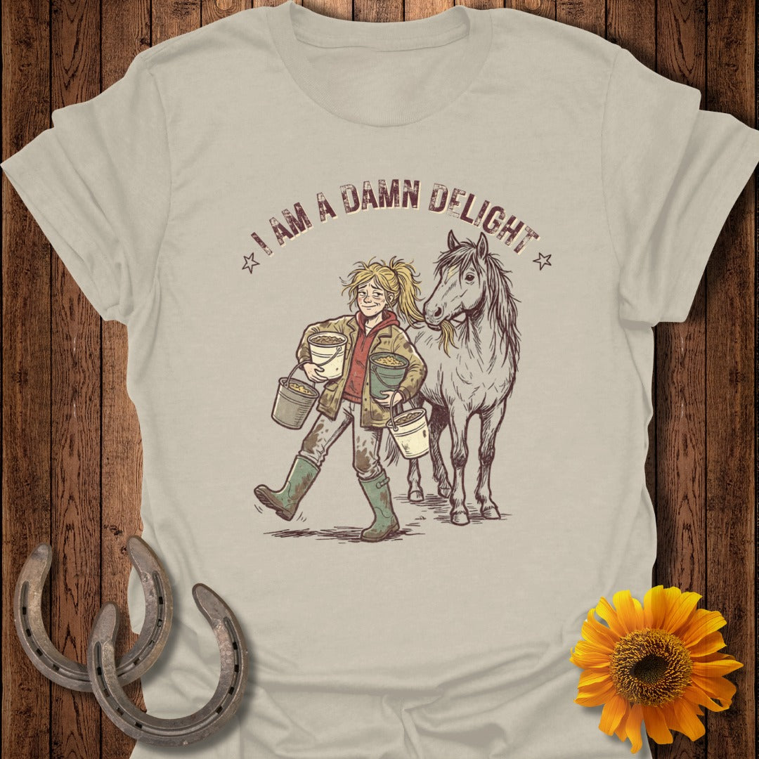 Illustration of a woman with a horse and two buckets, with text "I AM A DAMN DELIGHT".