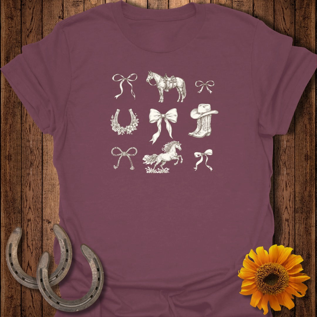 T-shirt with equestrian motifs: horses, bows, boots, and horseshoes.
