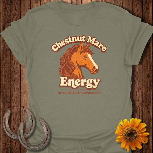 Olive green t-shirt with "Chestnut Mare Energy" graphic and horse illustration.