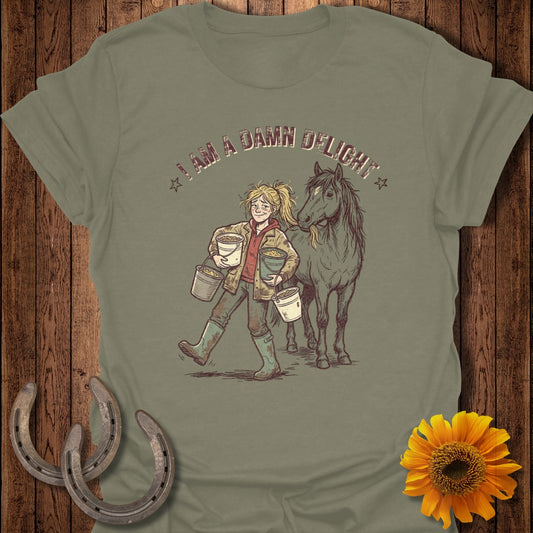 Horse and person carrying buckets with text "I AM A DAMN DELIGHT".