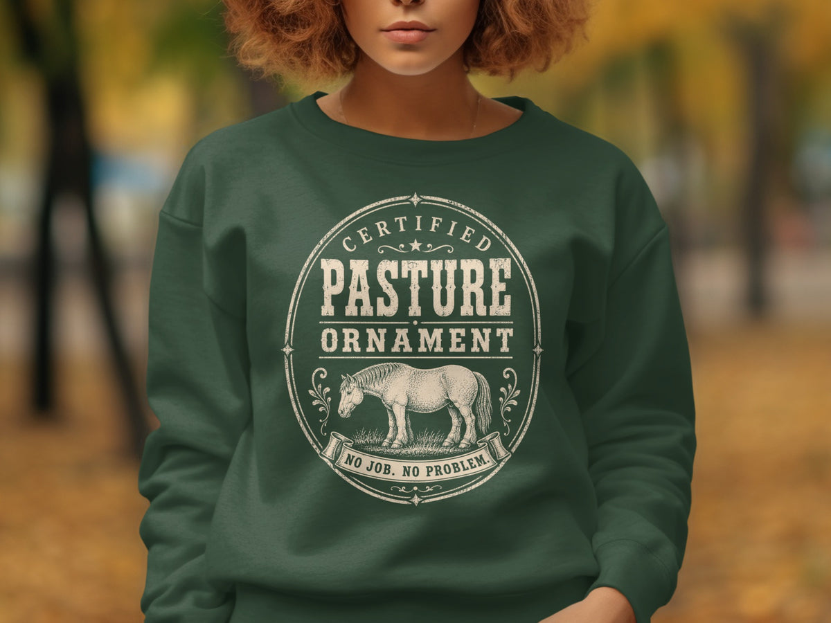Green sweatshirt with "Certified Pasture Ornament No Job. No Problem." text and horse graphic.