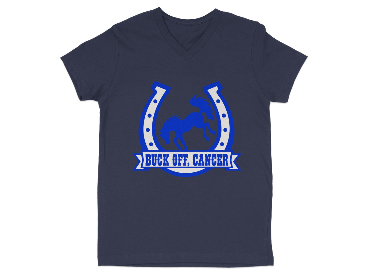 Navy v-neck t-shirt with a blue horseshoe and bucking horse graphic and "Buck Off, Cancer" text.