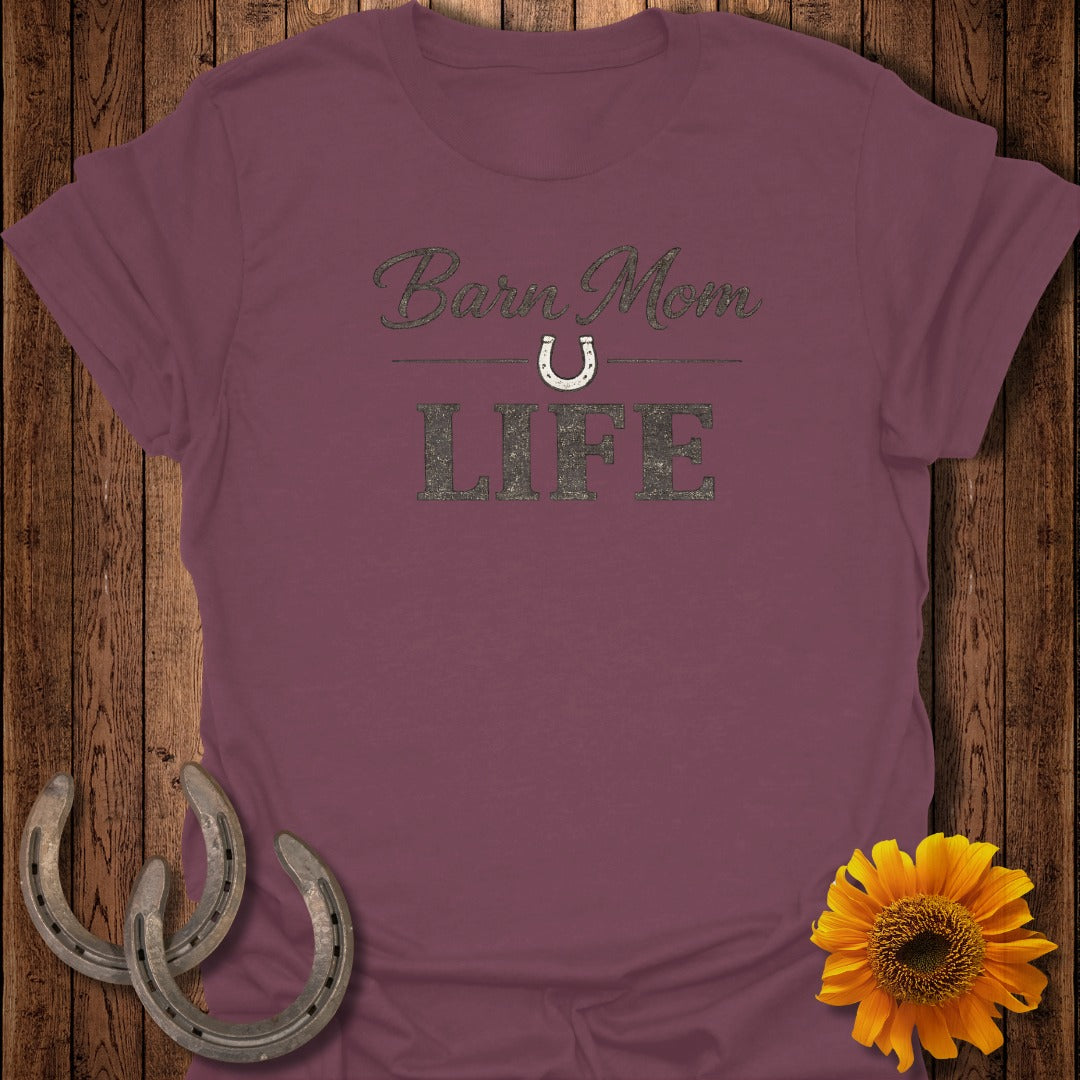 Burgundy t-shirt with "Barn Mom LIFE" text and a horseshoe graphic.