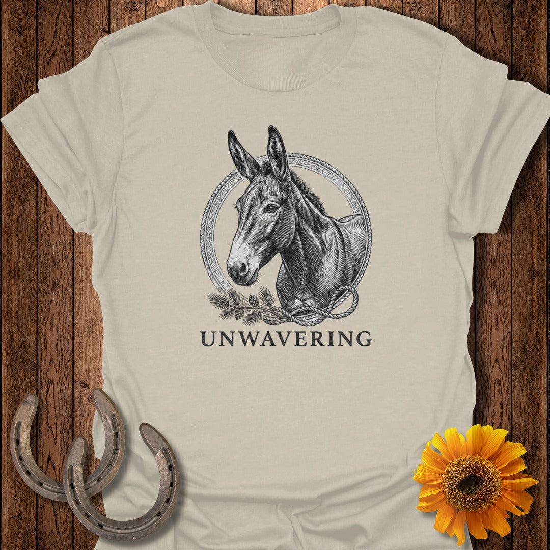 Black and white illustration of a donkey's head within a rope circle, text "UNWAVERING" below.