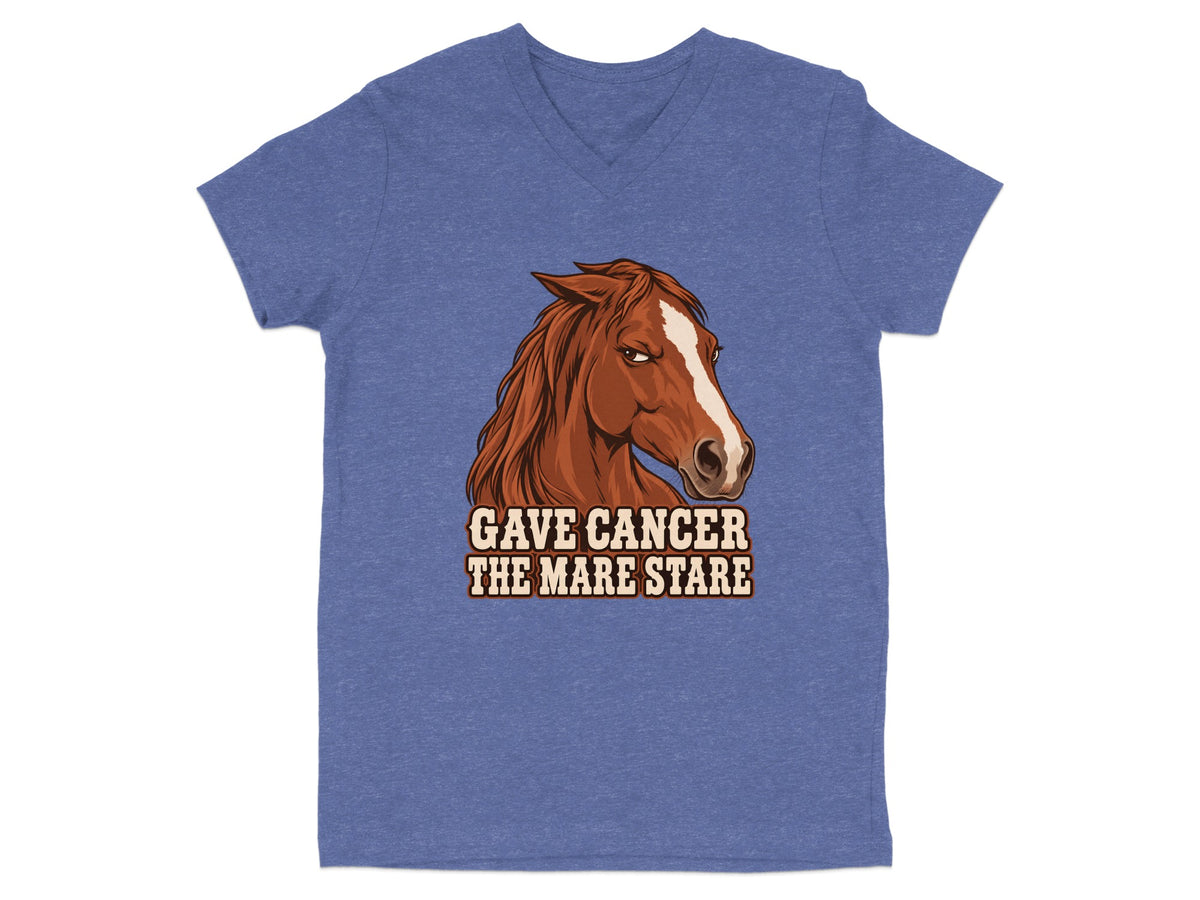 T-shirt with illustration of a horse head and text "GAVE CANCER THE MARE STARE".