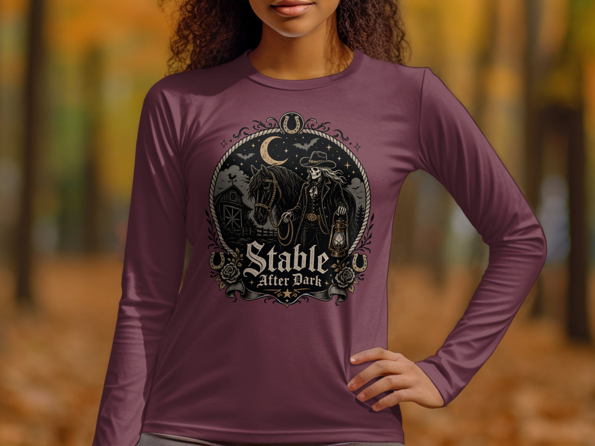 Skeleton in cowboy hat with horse and lantern on shirt, "Stable After Dark."