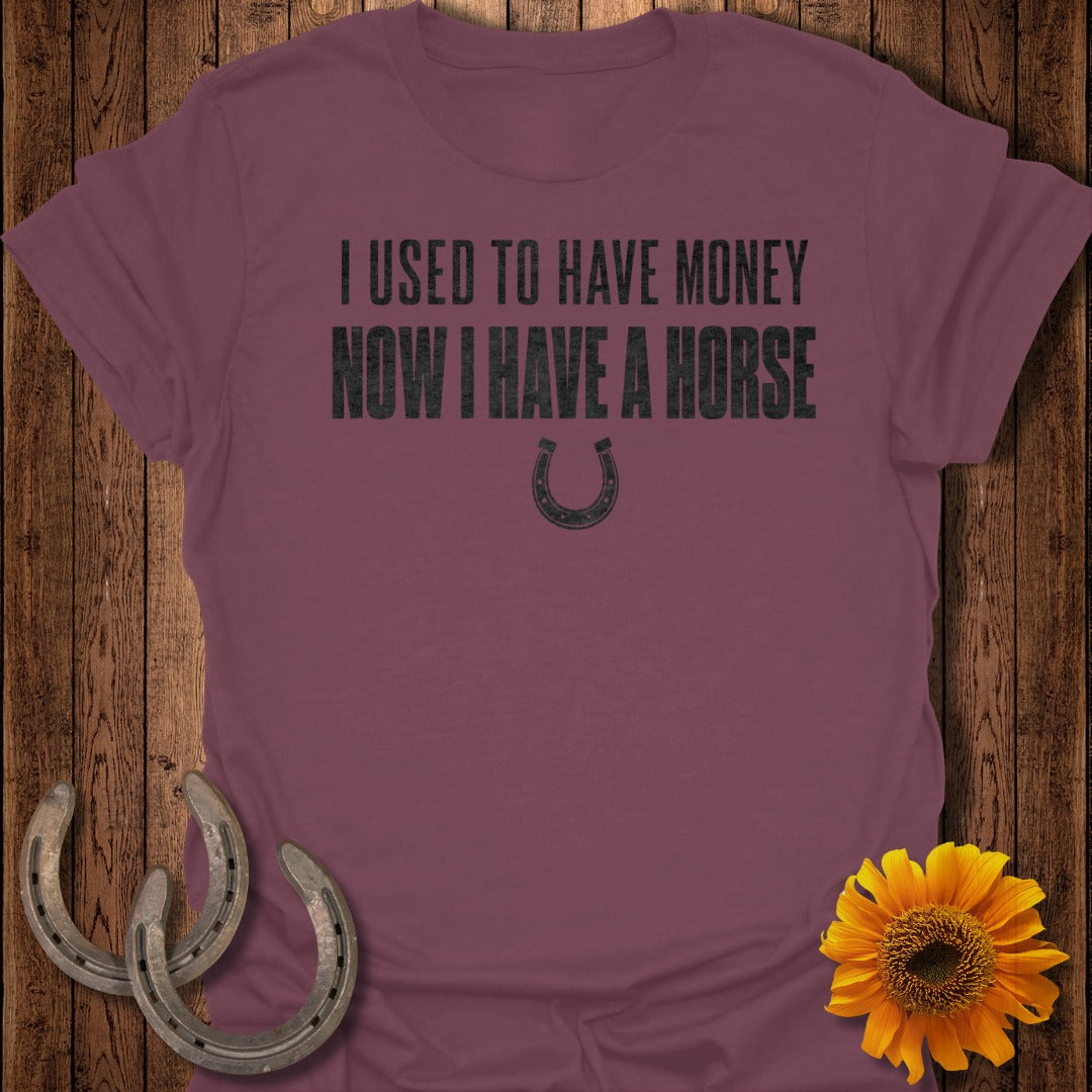 Burgundy t-shirt with black text "I USED TO HAVE MONEY NOW I HAVE A HORSE" and a horseshoe.