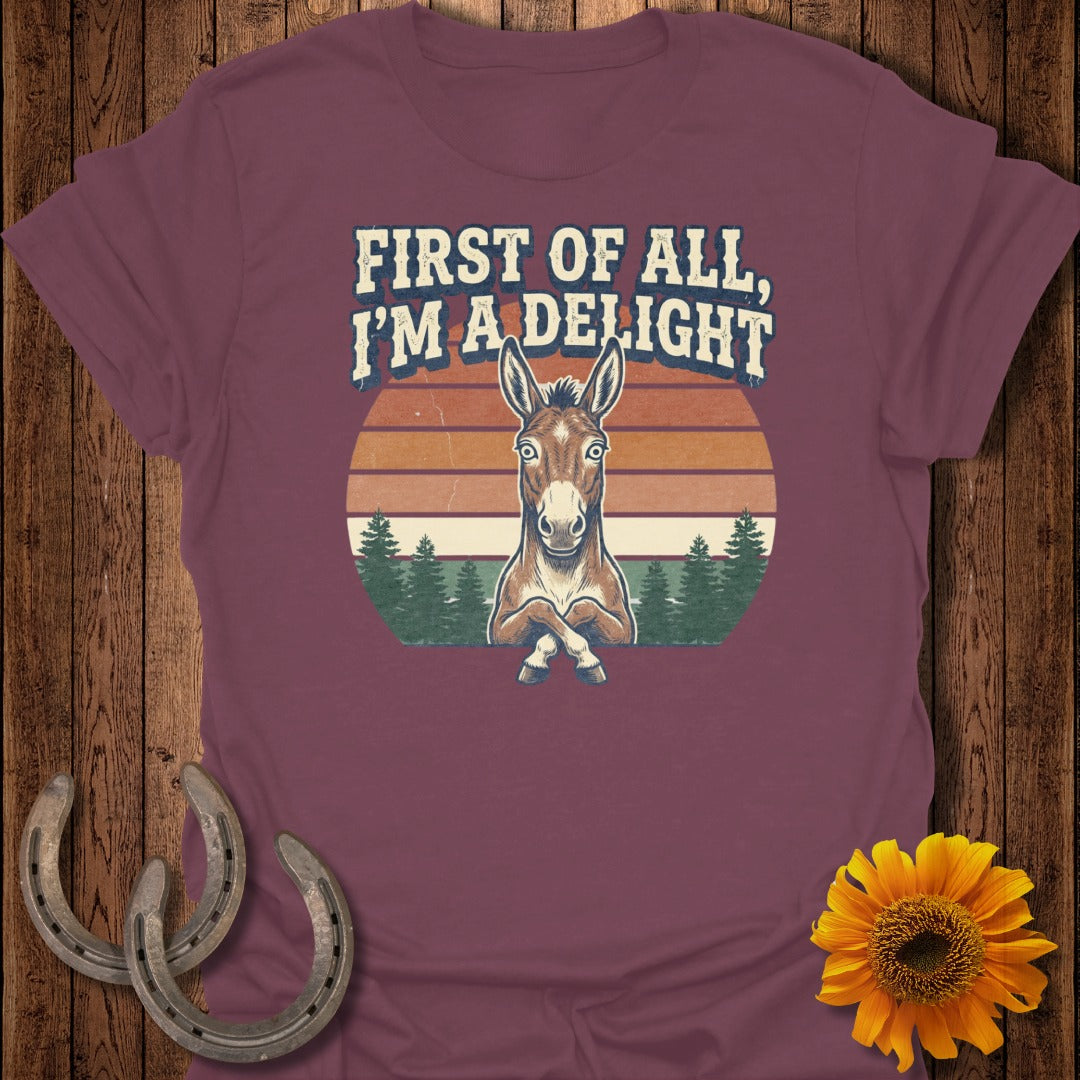 Maroon t-shirt with a cartoon donkey and sunset, reads "First of all, I'm a delight".