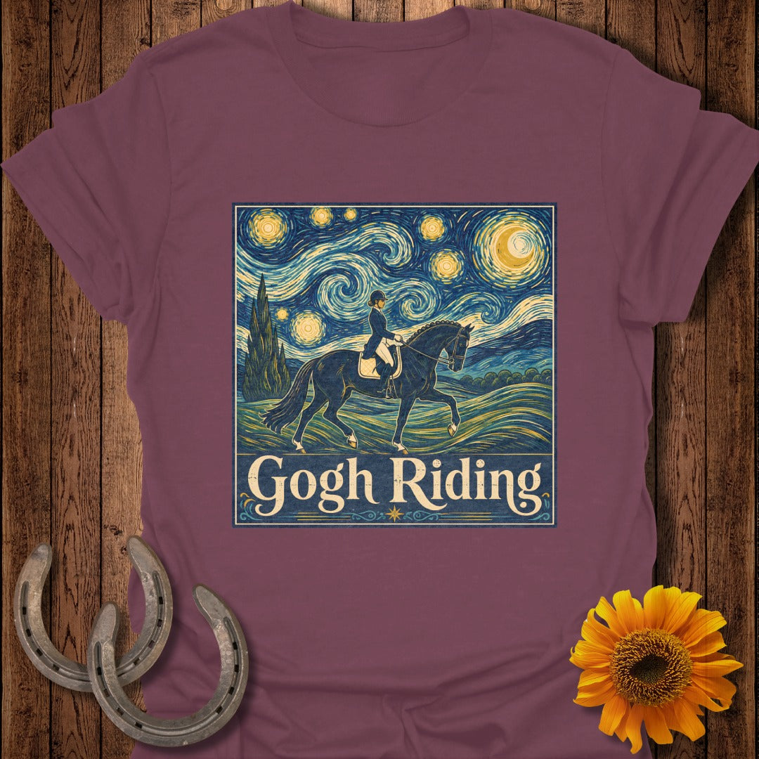 "Gogh Riding" text with a horse and rider in a starry night scene.