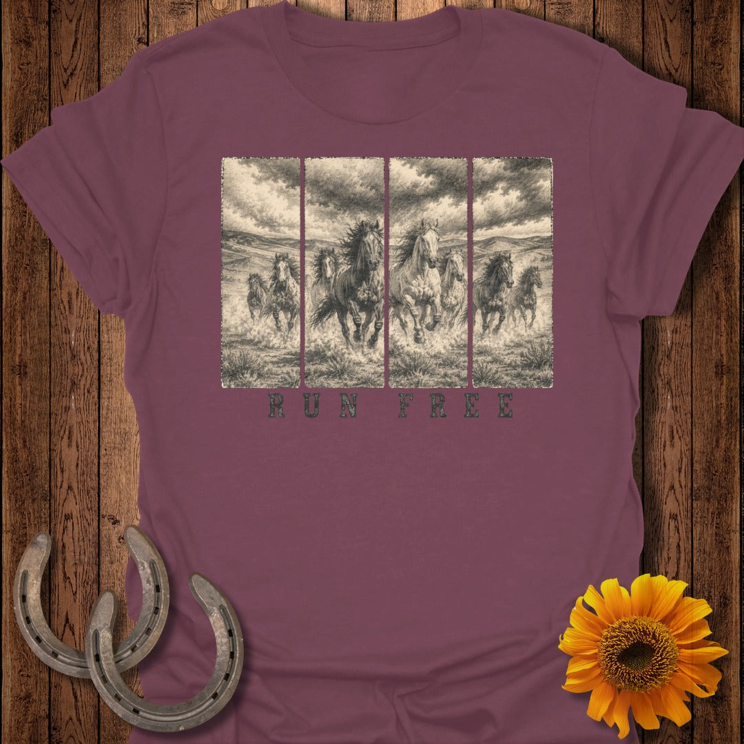 Burgundy t-shirt with horses running, "Run Free" text, and horseshoes.