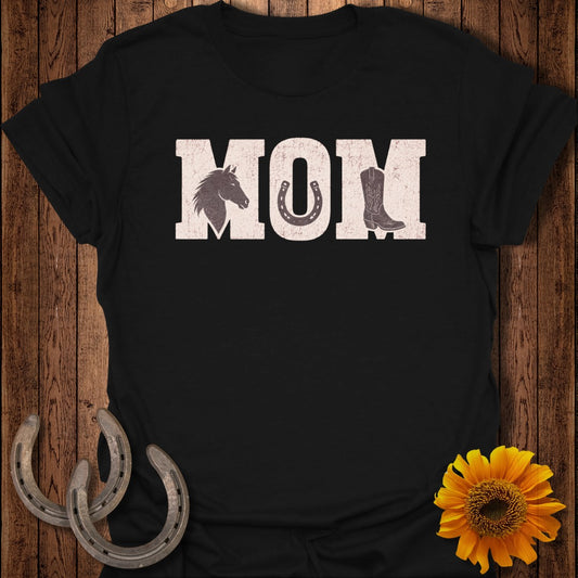 Black t-shirt with "MOM" in white, featuring horse and boot graphics.
