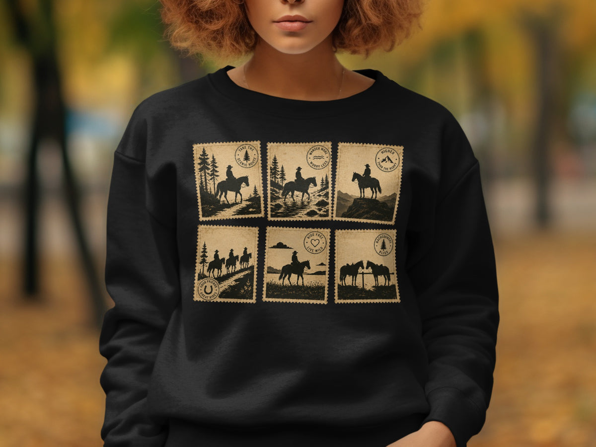 Black sweatshirt with a print of six vintage postage stamps featuring horseback riding scenes.