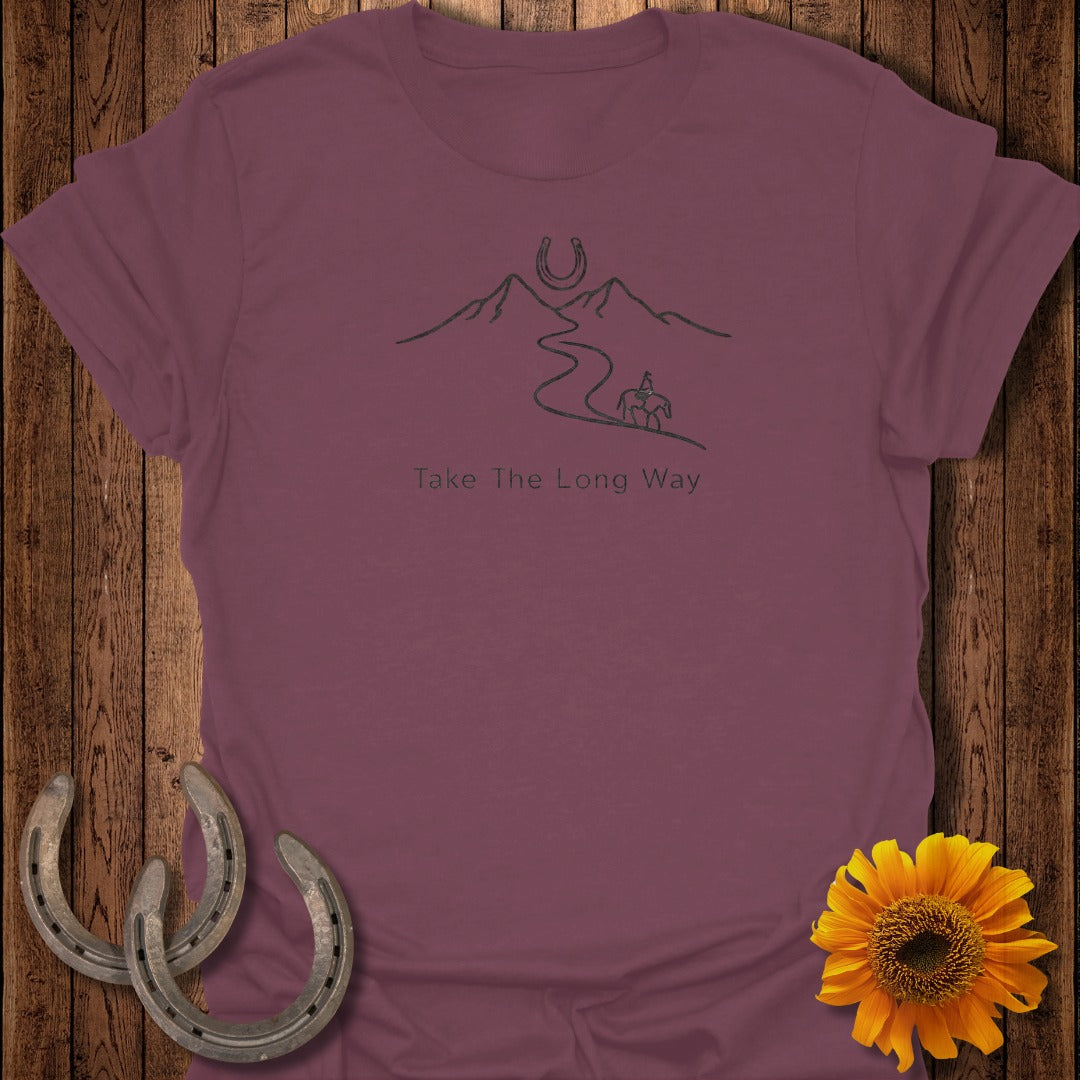 Maroon t-shirt with horses, mountains, horseshoe, and "Take The Long Way" text.