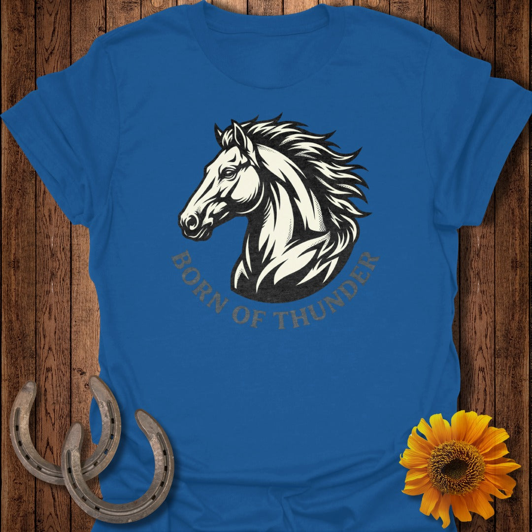 Blue t-shirt with "BORN OF THUNDER" text and horse graphic.