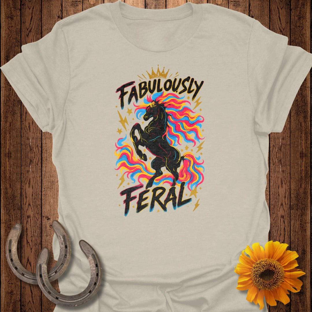 T-shirt with black unicorn, colorful mane, and text "FABULOUSLY FERAL".