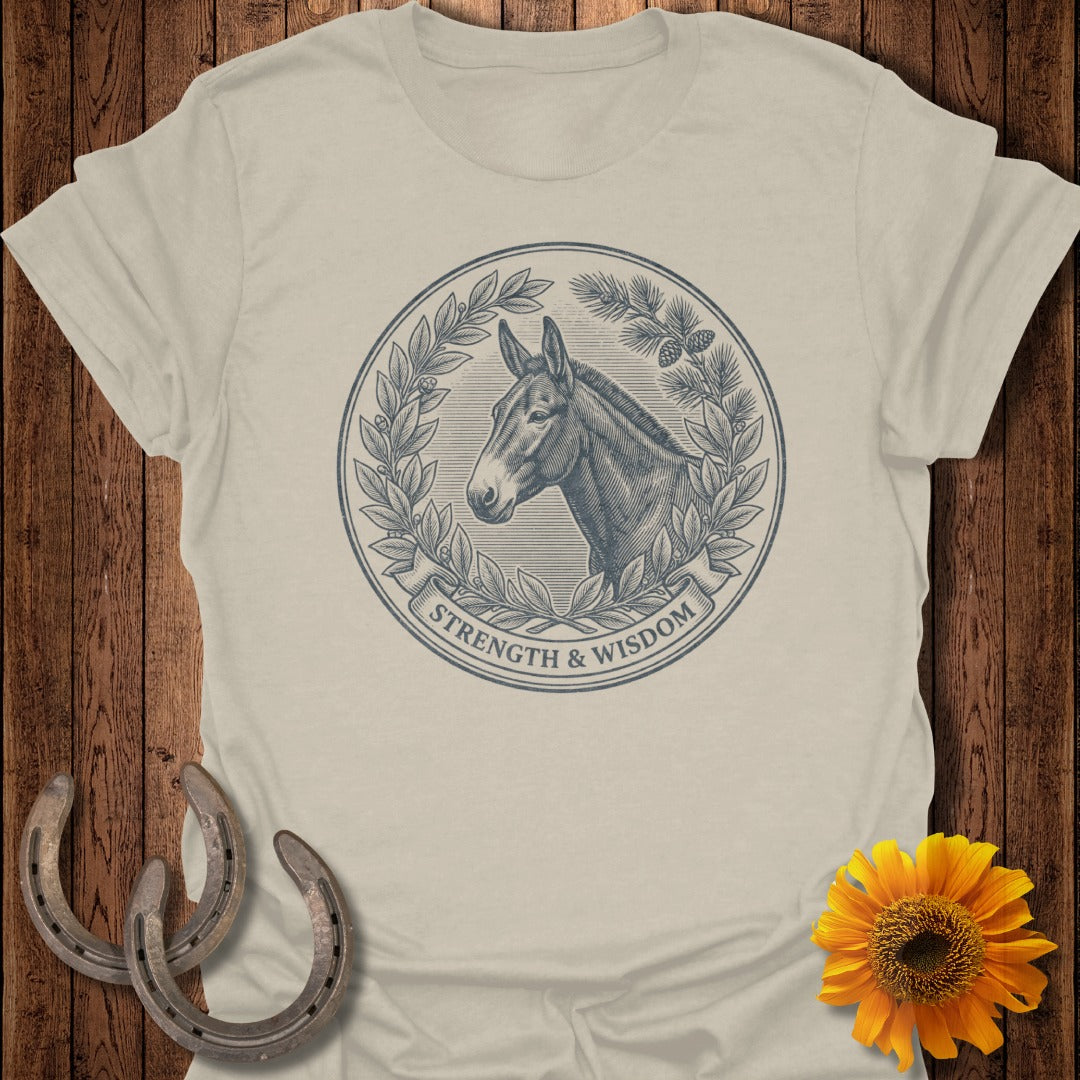 T-shirt with mule head and "Strength & Wisdom" in wreath.